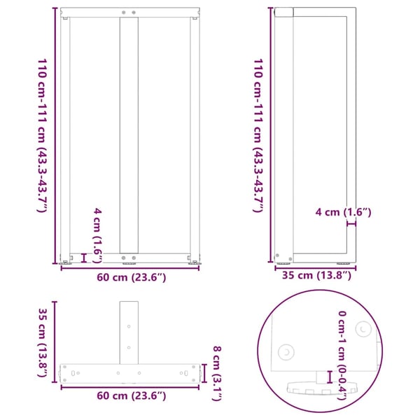 vidaXL Barbordben T-formet 2 stk antrasitt 60x35x(110-111) cm stål