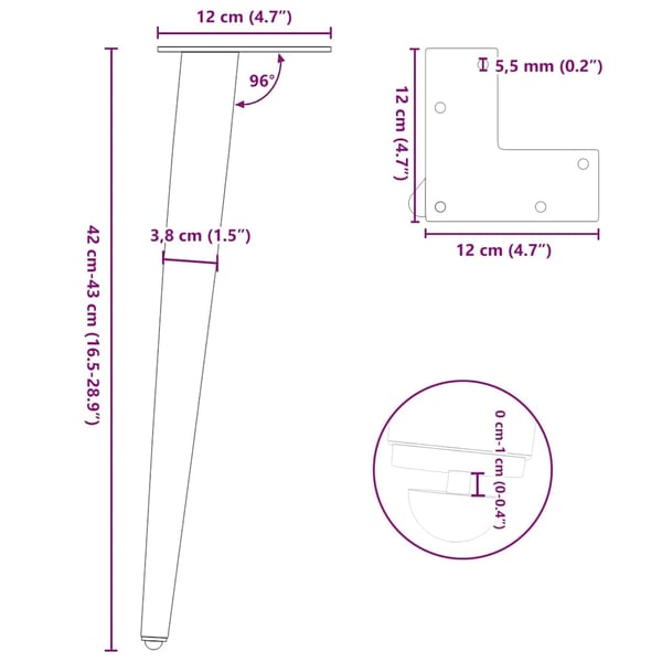 vidaXL Salongbordben konisk form 4 stk antrasitt 42–43 cm stål
