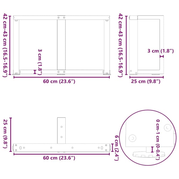 vidaXL sofabordsben T-formet 2 stk. sort 60x25x(42-43) cm stål