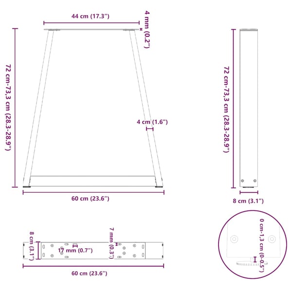 vidaXL Spisebordben V-formet 2 stk hvit 60 x (72-73,3) cm stål