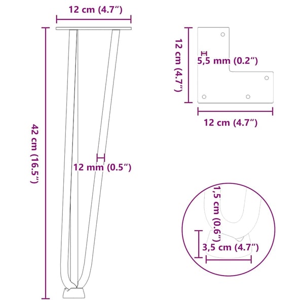 vidaXL hårnåleben til sofabord 4 stk. antracit 42 cm massivt stål