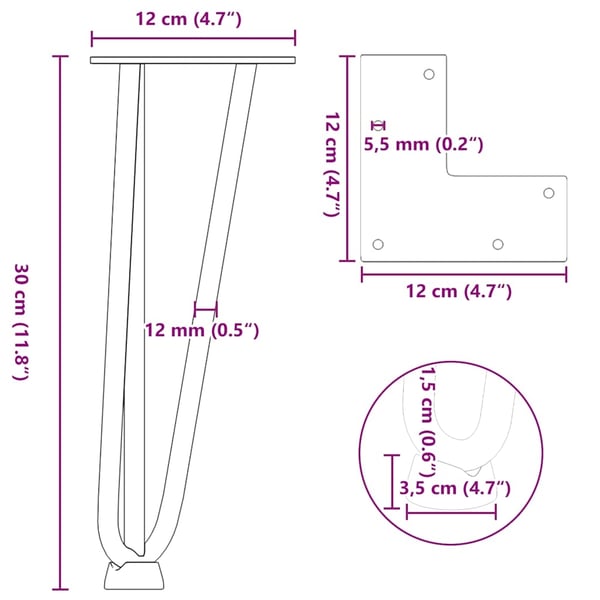 vidaXL hårnåleben til sofabord 4 stk. sort 30 cm massivt stål