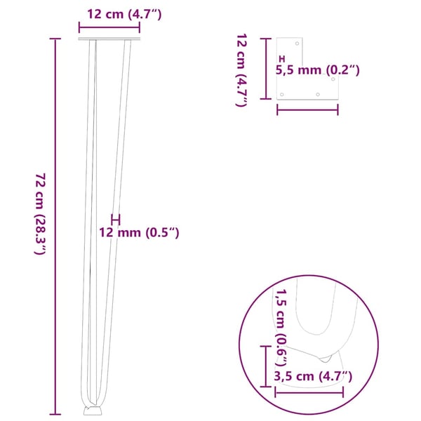 vidaXL hårnålsben til konsollbord 4 stk svart 72 cm massivt stål