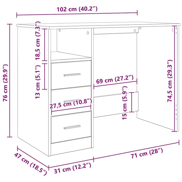 vidaXL Skrivebord artisan eik 102x50x76 cm konstruert tre