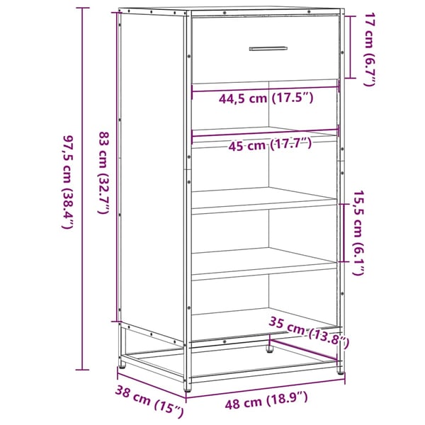 vidaXL Skohylle brun eik 48x38x97,5 cm konstruert tre