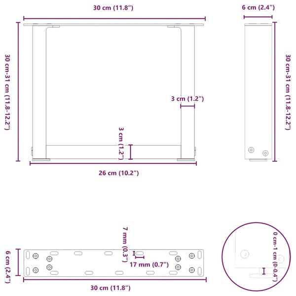 vidaXL Salongbordben U-formet 2 stk hvit 30x(30-31) cm stål