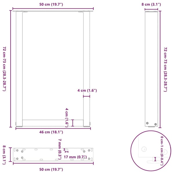 vidaXL spisebordsben U-formet 2 stk. sort 50x(72-73) cm stål