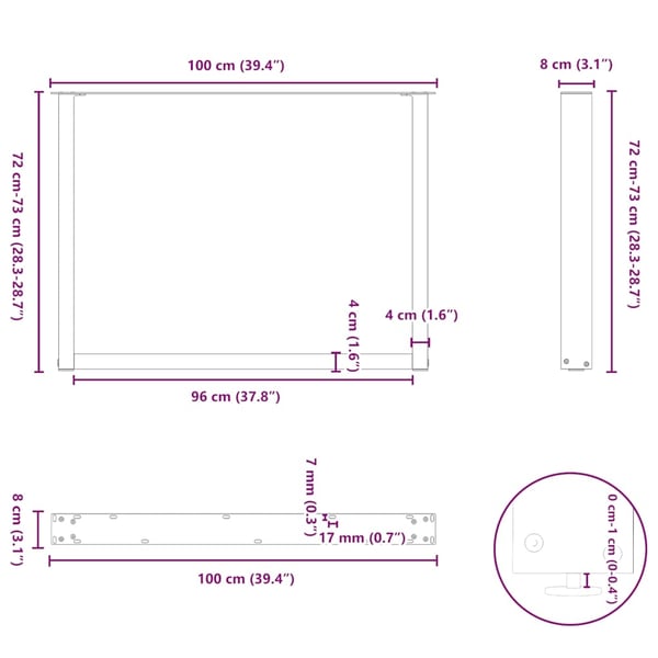 vidaXL Spisebordben U-formet 2 stk hvit 100x(72-73) cm stål