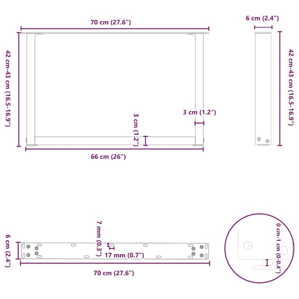 vidaXL sofabordsben U-formet 2 stk. sort 70 x (42-43) cm stål