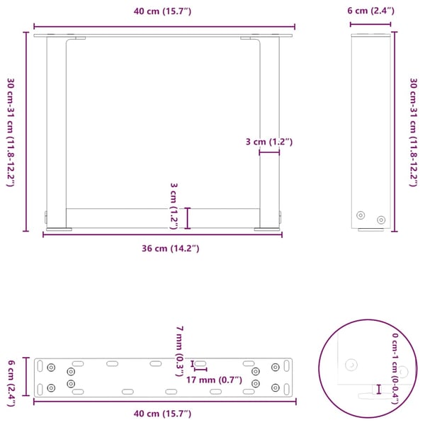 vidaXL sofabordsben U-formet 2 stk. hvid 40x(30-31) cm stål