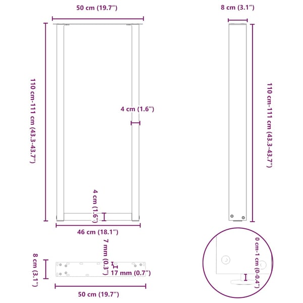 vidaXL barbordsben U-formet 2 stk. sort 50x(110-111) cm stål