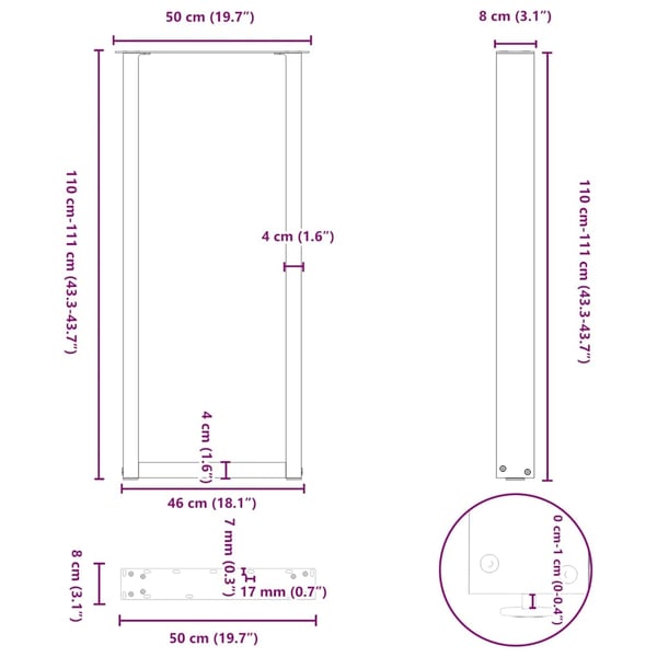 vidaXL barbordsben U-formet 2 stk. hvid 50x(110-111) cm stål
