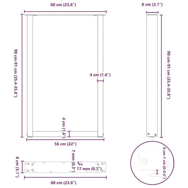 vidaXL Barbordben U-formet 2 stk hvit 60x(90-91) cm stål