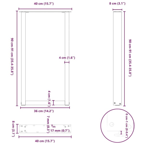 vidaXL Barbordben U-formet 2 stk svart 40x(90-91) cm stål
