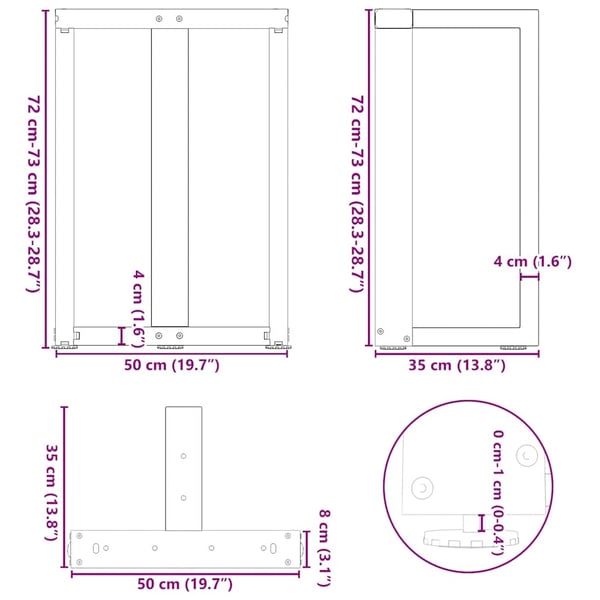 vidaXL Spisebordben T-formet 2 stk hvit 50x35x(72-73) cm stål