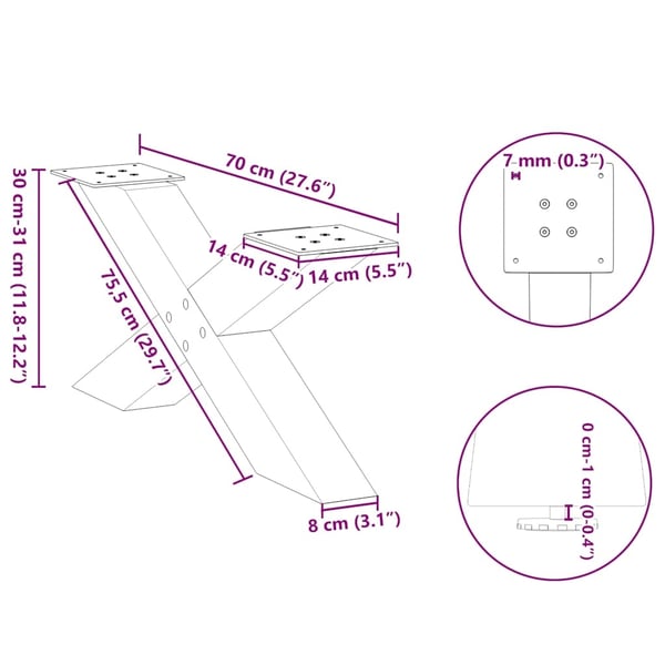 vidaXL Salongbordben X-formet 2 stk hvit 70 x (30-31) cm stål