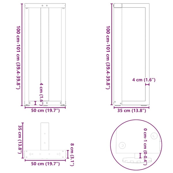 vidaXL Barbordben T-formet 2 stk hvit 50x35x(100-101) cm stål