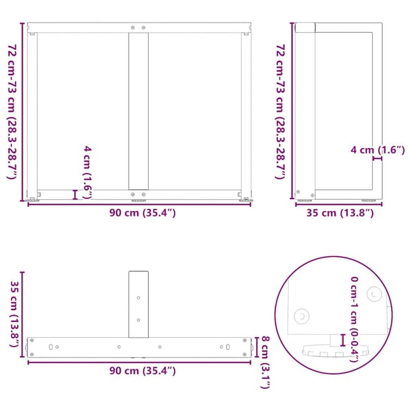 vidaXL Spisebordben T-formet 2 stk hvit 90x35x(72-73) cm stål
