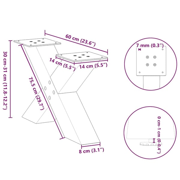 vidaXL sofabordsben X-formet 2 stk. hvid 60x(30-31) cm stål