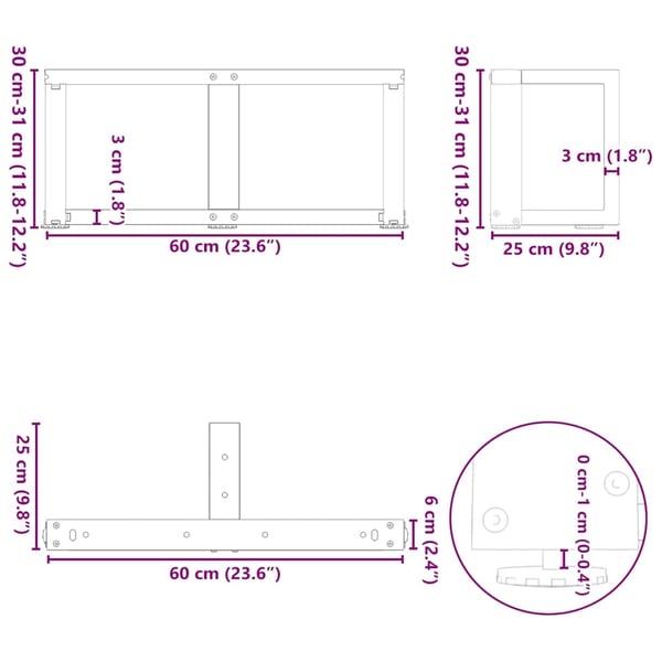 vidaXL sofabordsben T-formet 2 stk. hvid 60x25x(30-31) cm stål