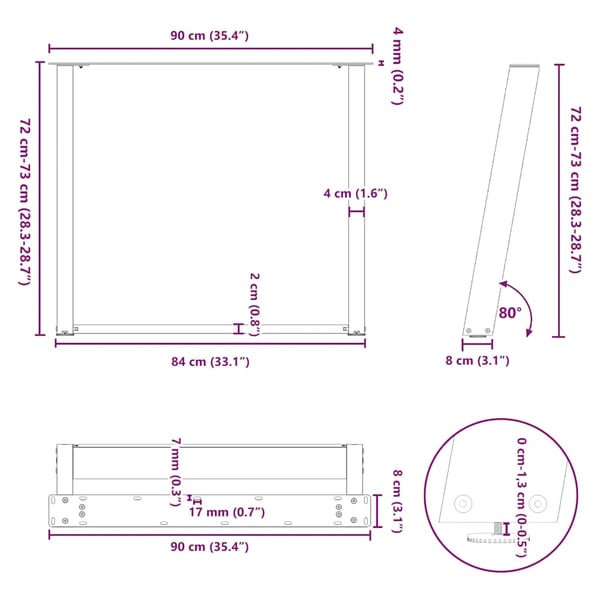 vidaXL spisebordsben U-formet 2 stk. sort 90 x (72-73) cm stål