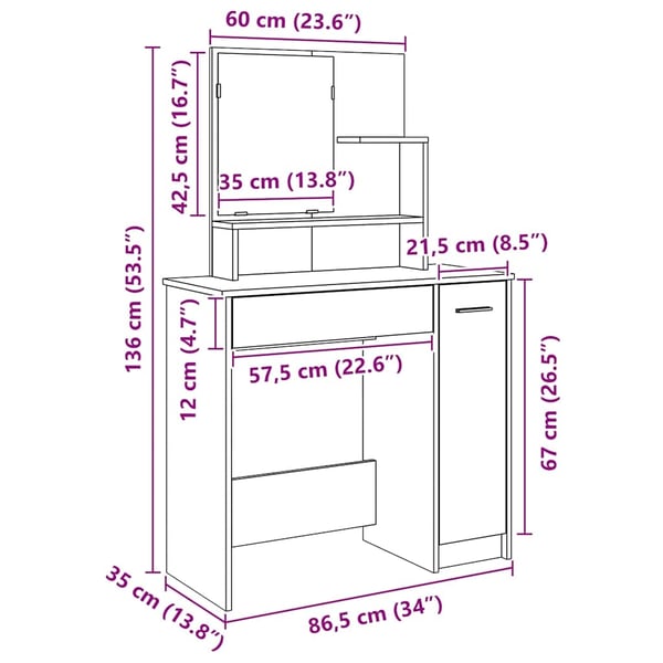 vidaXL Sminkebord med speil artisan eik 86,5x35x136 cm