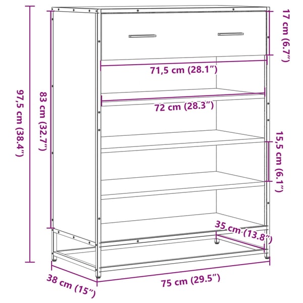vidaXL Skoskap sonoma eik 75x38x97,5 cm konstruert tre og metall