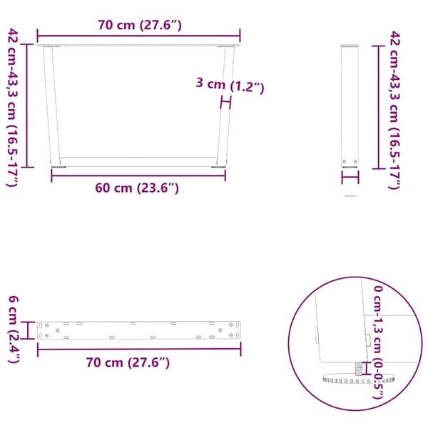 vidaXL sofabordsben V-formet 2 stk. sort 70 x (42-43,3) cm stål