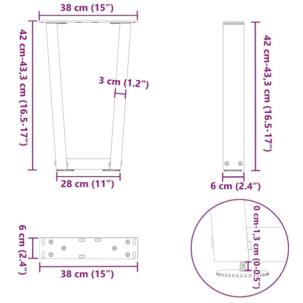 vidaXL Salongbordben V-formet 2 stk svart 38 x (42-43,3) cm stål