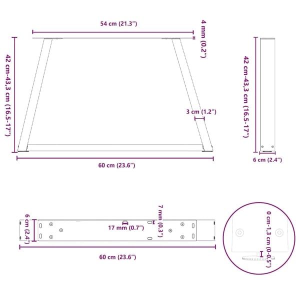 vidaXL Salongbordben V-formet 2 stk naturstål 60 x (42-43,3) cm stål
