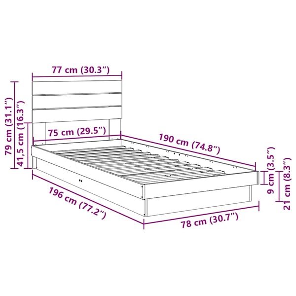 vidaXL Sengeramme med sengegavl uten madrass 75x190 cm Heltre Eik