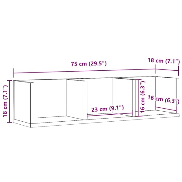 vidaXL Veggmontert CD-hylle gammelt tre 75x18x18 cm konstruert tre