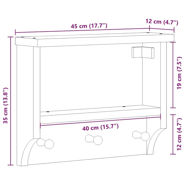 vidaXL Veggmontert knaggrekke SANDNES 45x12x35 cm heltre furu