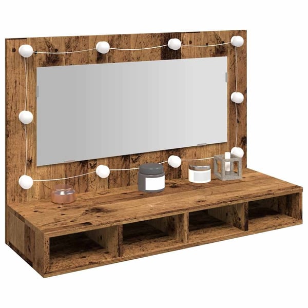 vidaXL spejlskab med LED-lys 90x31,5x62 cm gammelt træ-look