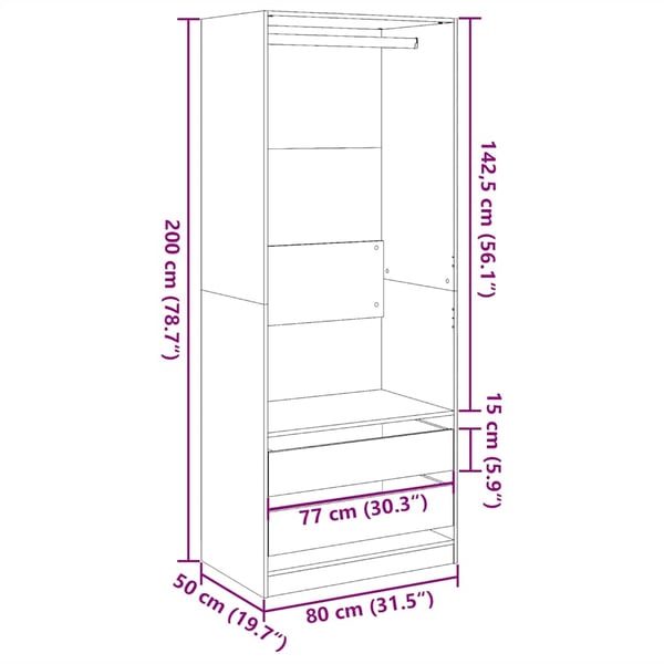 vidaXL Garderobe artisan eik 80x50x200 cm konstruert tre