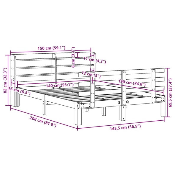 vidaXL sengeramme med sengegavl 140x190 cm massivt fyrretræ
