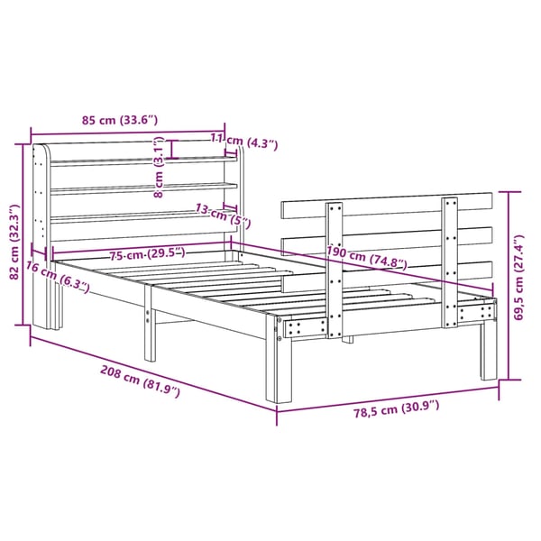 vidaXL Sengeramme med hodegavl voksbrun 75x190 cm heltre furu