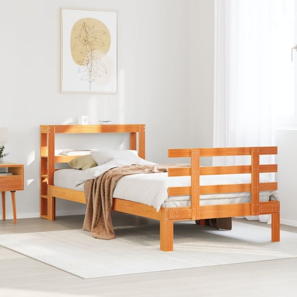 vidaXL sengeramme med sengegavl 100x200 cm massivt fyrretræ gyldenbrun
