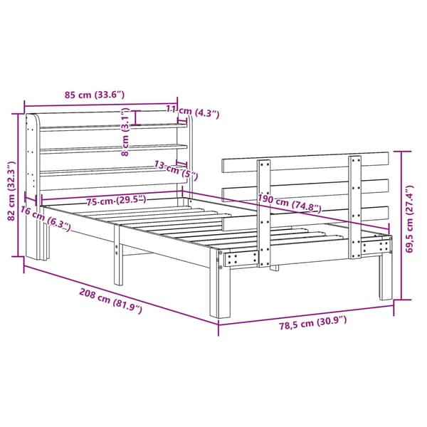 vidaXL Sengeramme med hodegavl hvit 75x190 cm heltre furu