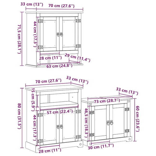 vidaXL Baderomsskap 3 stk Corona heltre furu