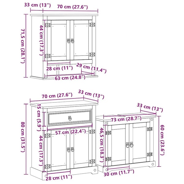 vidaXL Baderomsskap 3 stk Corona heltre furu