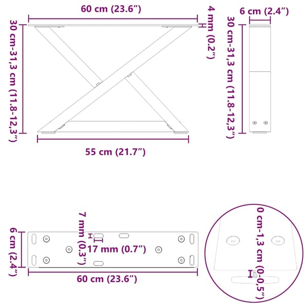vidaXL Salongbordben 2 stk naturstål 60 x (30-31,3) cm stål