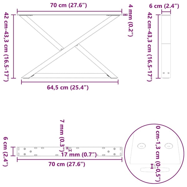 vidaXL Salongbordben 2 stk naturstål 70 x (42-43,3) cm stål