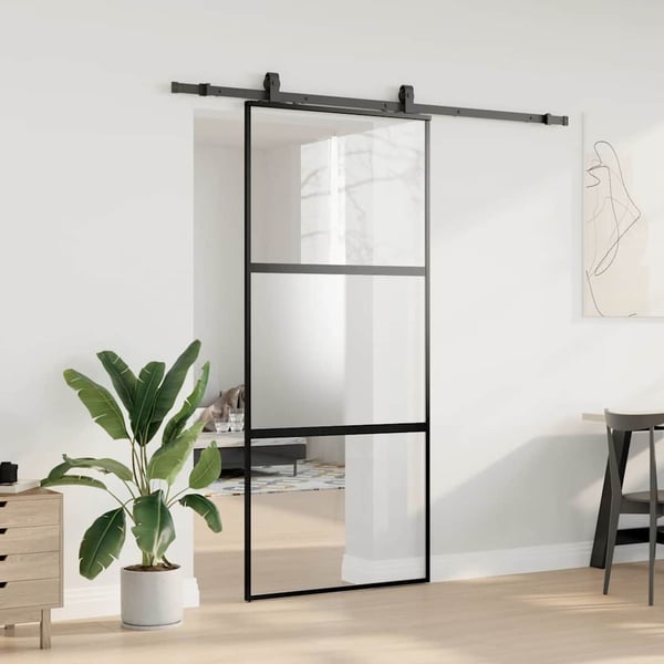 vidaXL skydedør med hardwaresæt 90x205 cm hærdet glas sort