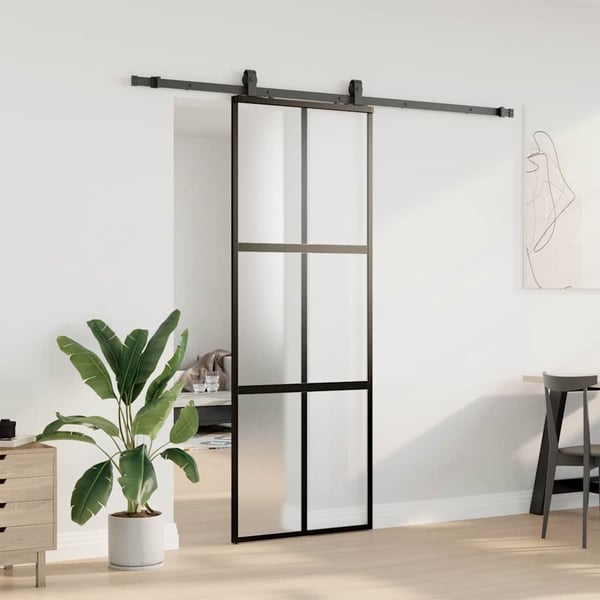 vidaXL skydedør med hardwaresæt 76x205 cm hærdet glas sort