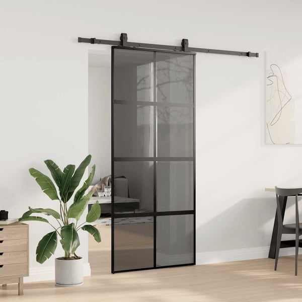 vidaXL skydedør med hardwaresæt 90x205 cm hærdet glas sort