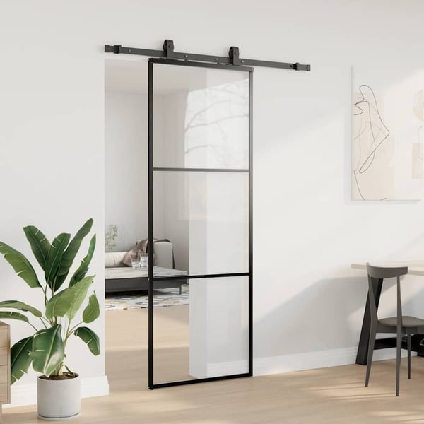 vidaXL skydedør med hardwaresæt 76x205 cm ESG glas sort