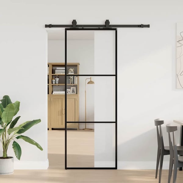 vidaXL skydedør med hardwaresæt 76x205 cm ESG glas sort