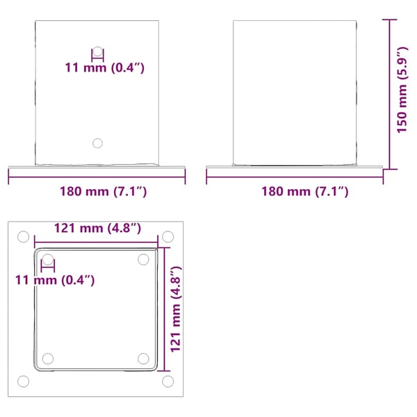 vidaXL Stolpebunner firkantet 4 stk sølv 121x121 mm galvanisert stål