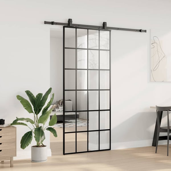 vidaXL skydedør med hardwaresæt 90x205 cm ESG glas sort